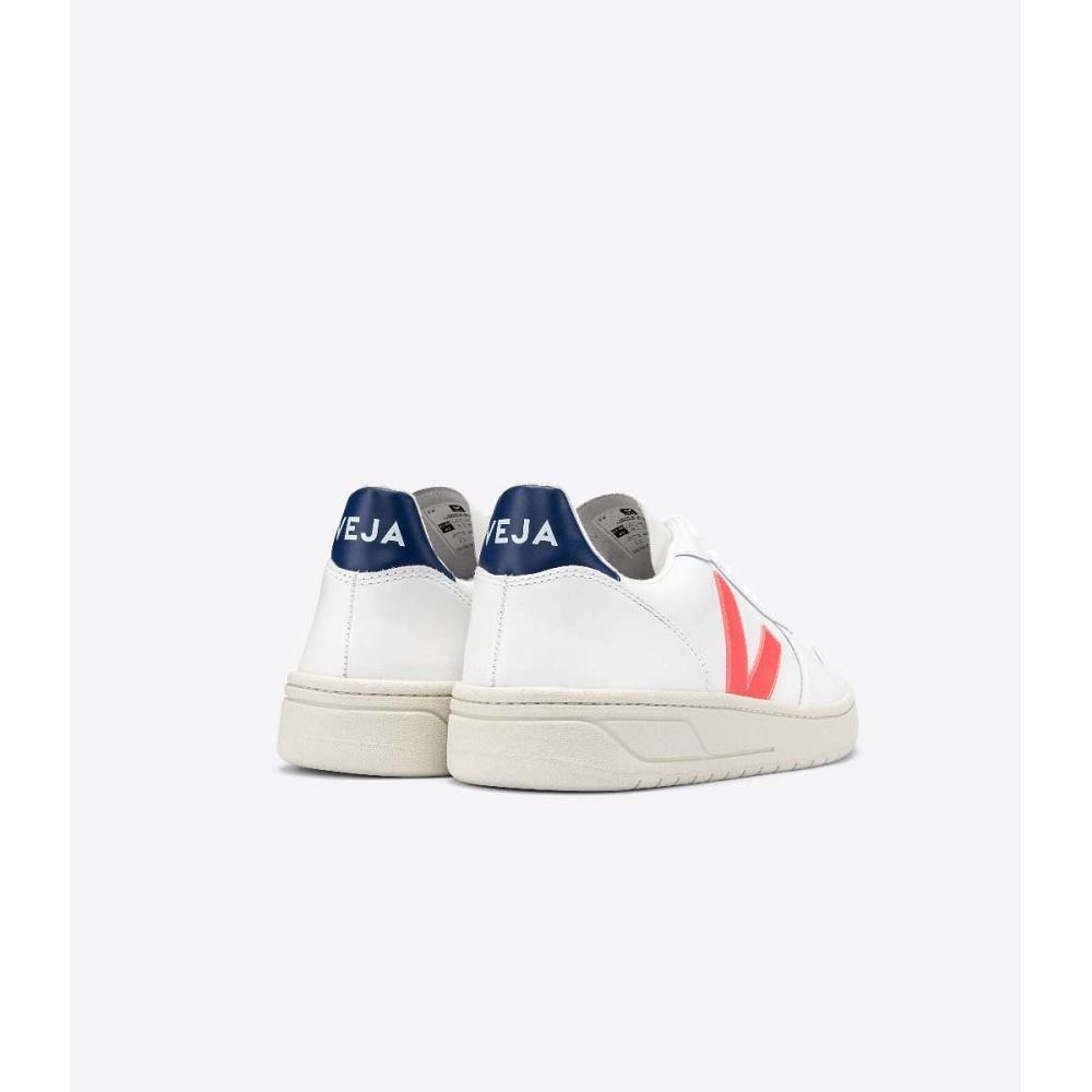 Veja V-10 LEATHER Women's Sneakers White/Orange/Blue | NZ 646JPQ